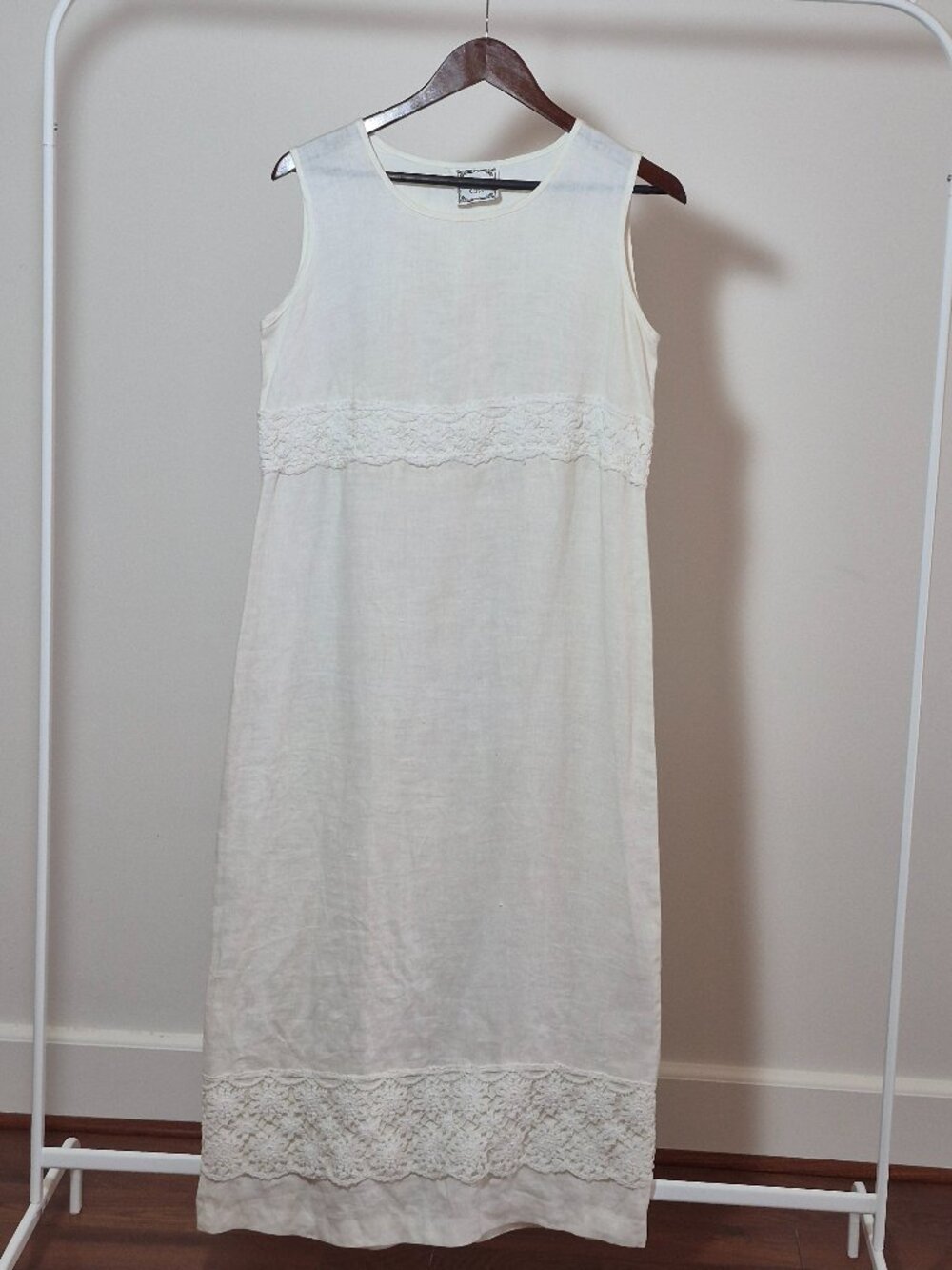 Vintage Dressing Clio Linen Dress Women’s M Ivory Lace Maxi Shift Made USA 90s